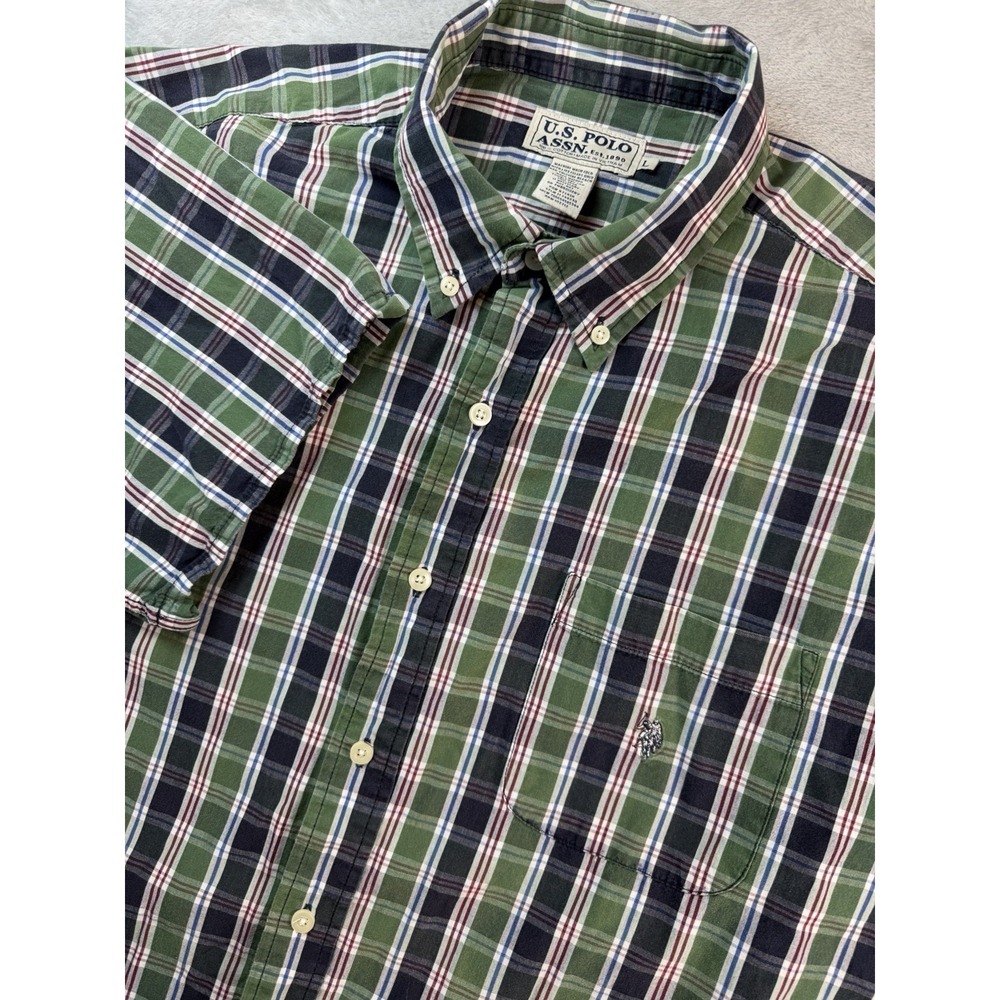 U.S. Polo Assn. Shirt Men's L Short Sleeve Green Blue Plaid Button Down Pony